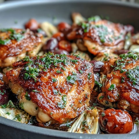 1. Saftige Hähnchenschenkel mit Oliven und Artischocken in einer aromatischen mediterranen Pfanne, perfekt für ein einfaches Abendessen mit knuspriger Haut und bunten Gemüsesorten.