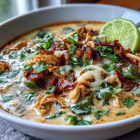 Keto-Cremige Hühner-Enchilada-Suppe mit geschmolzenem Käse und zartem Hühnchen in einem würzigen, cremigen Sud.