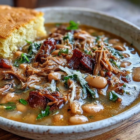 Herzhafte Schinken-Knöchel-Bohnensuppe mit goldenem Maisbrot, perfekt für einen gemütlichen Abend.