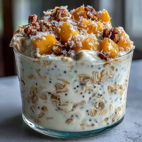 Creamy Overnight Oats mit Mango und Kokosnuss, garniert mit frischen Mangostücken und gerösteter Kokosnuss.