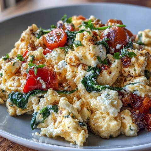 Ein proteinreicher Frühstückspfannkuchen mit fluffigen Eiern, cremigem Hüttenkäse und sautierten Gemüse.  