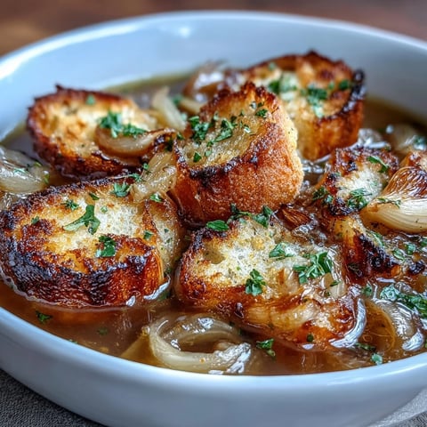 Schüssel mit goldbrauner gerösteter Knoblauch-Zwiebel-Suppe, belegt mit knusprigen Kräuter-Croûtons.