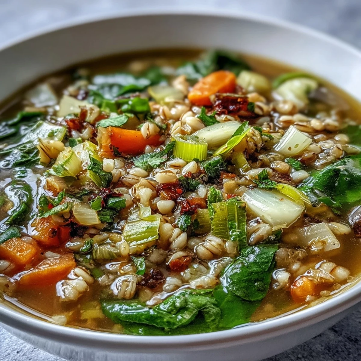 Eine dampfende Schale herzhafter Winter- bis Frühlingsgemüsesuppe mit Gerste, vollgepackt mit bunten, frischen Zutaten.