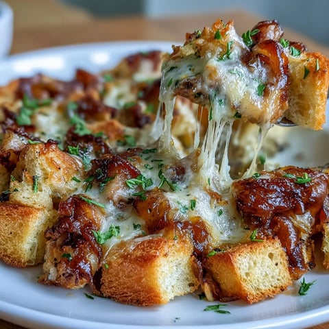 Französisches Zwiebelhuhn mit Sauerteig-Kruste: goldbraune Hähnchenschenkel in karamellisierten Zwiebeln, überbacken mit knusprigem Sauerteig und geschmolzenem Käse.