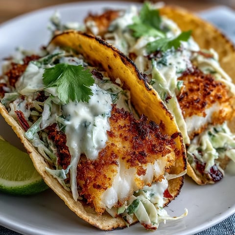 Knusprige Fisch-Tacos mit Krautsalat aus dem Heißluftfritteusen, gefüllt mit saftigem Fisch und frischem Gemüse.  