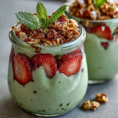Ein farbenfrohes, geschichtetes Parfait mit cremigem Matcha-Joghurt, saftigen Erdbeeren und knusprigem Granola – perfekt für ein erfrischendes Frühstück.