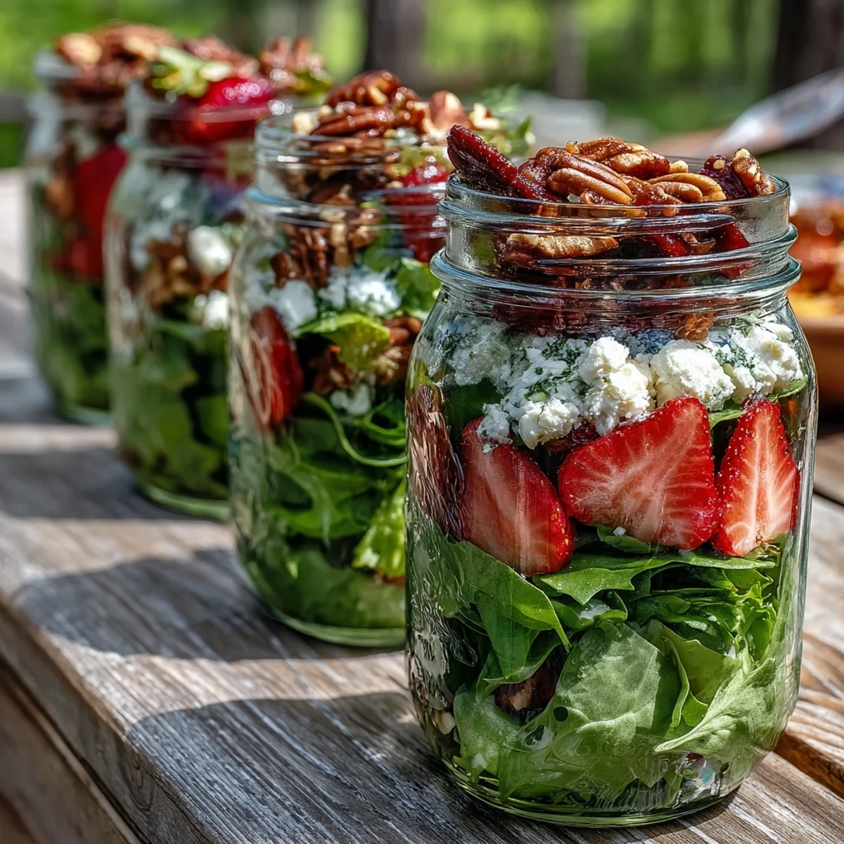 Farbenfroher Schichtsalat im Glas mit Erdbeeren, Ziegenkäse, knackigen Nüssen und frischem Grün – ideal für Picknicks.
