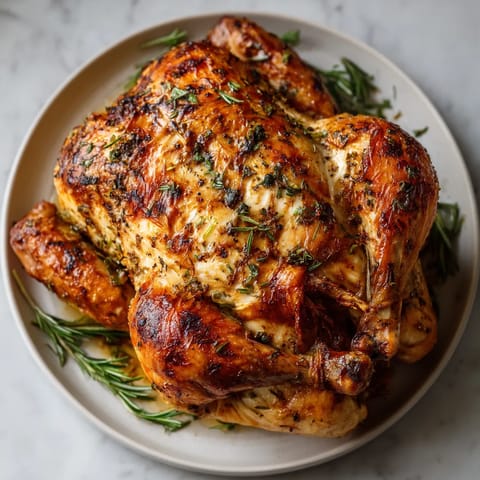 Ein ganzes, gebratenes, gegrilltes oder gebackenes, deutsches Stück Hähnchen mit Tarragon.