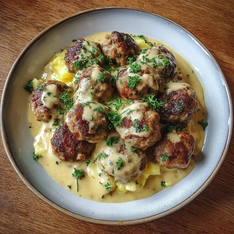 Ein Plate mit Bavarian Meatballs, die in einer Mustard Cream Sauce serviert werden.