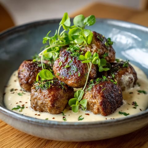 Ein Bild von einer Schüssel mit Bavarian Meatballs, die in einer cremigen Sauce mit Senf serviert werden.