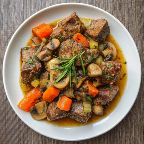 Ein weißer Teller mit einer Mischung aus Fleisch, Mushrooms, Zwiebeln und Karotten.