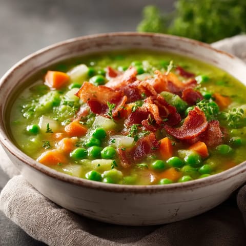 Ein rustikales Peasuppe mit Bacon-Streifen.