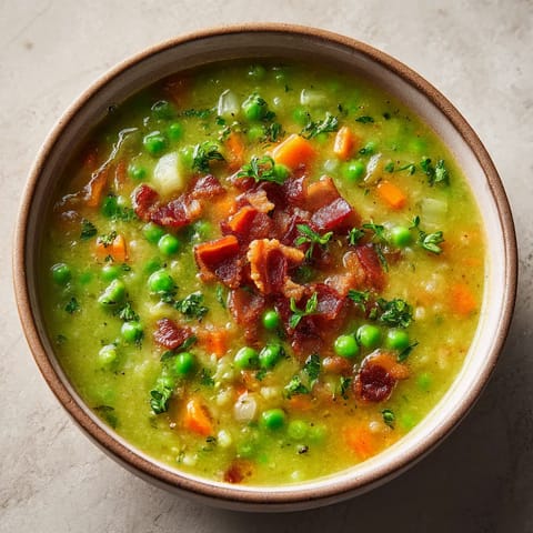 Ein Topf mit einer Rustic Pea Soup, die mit Bacon Bits garniert ist.