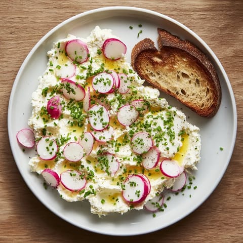 Ein weißer Plate mit einer cremigen Käse-Spread, die mit Radieschen und Zwiebeln garniert ist.