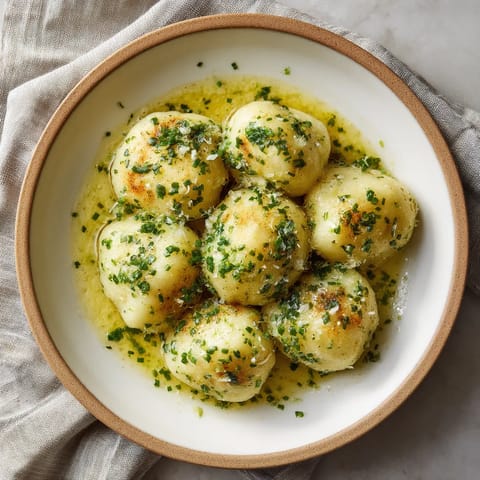 Ein weißer Teller mit bayerischen Kartoffelklößen, die mit Zwiebelbutter garniert sind.