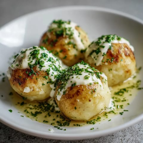 Ein weißer Teller mit sechs bayerischen Kartoffelkugeln, die mit Mayonnaise und Zwiebeln bestrichen sind.