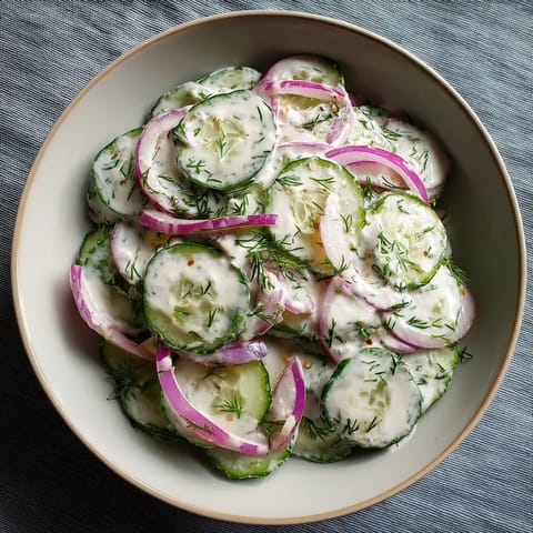 Ein weißer Teller mit einer saligen Cucumber Salat, die mit Dill und Cream garniert ist.