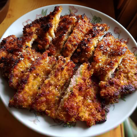 Ein weißer Teller mit Pretzel-Crusted Chicken Cutlets darauf.