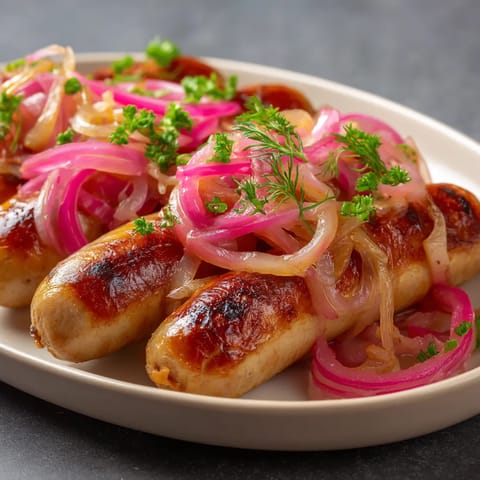 Ein weißer Teller mit warmem Bier und Pickled Onions über Sausage.