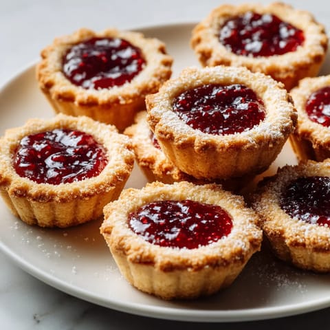 Ein weißer Teller mit sechs Mini-Linzer-Tartlets, die mit Raspberry-Jam gefüllt sind.
