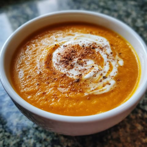 Ein weißer Becher mit einer Ginger-Spiced Carrot Soup mit Fresh Cream.
