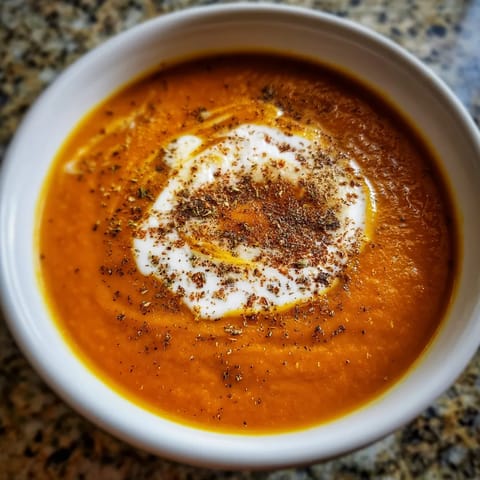 Ein weißer Teller mit einer Ginger-Spiced Carrot Soup, die mit frischem Sahne garniert ist.