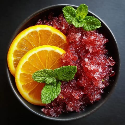 Ein schwarzer Becher mit Granita, der aus Orangensaft, Zitronen und Mint hergestellt wurde.