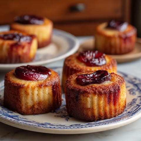 Ein Platter mit sechs Marzipan-Stuffed Plum Cakes auf einem Tisch.