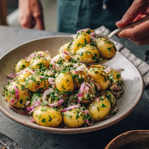 Ein Schalen mit warmen Papasalat mit Dressing.