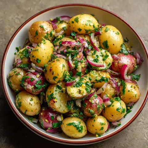 Ein Warmes Kartoffelsalat mit Dressing aus Senf und Dill.