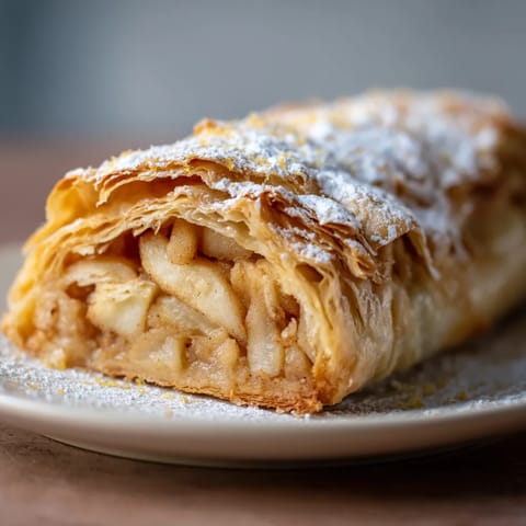 Ein Strudel mit Früchten und Zitrusfrüchten auf einem Teller.