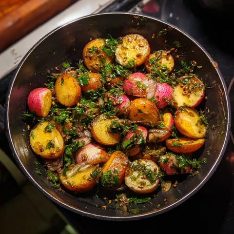 Ein Pan mit frisch zubereiteten Radishes, die mit Caraway-Samen garniert sind.