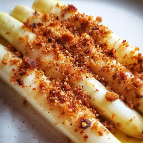Ein Stück weißer Asparagus mit zerriebenem Butter.