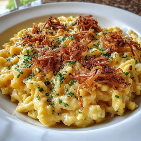 Ein weißer Teller mit Käse Spätzle und Röstzwiebeln.