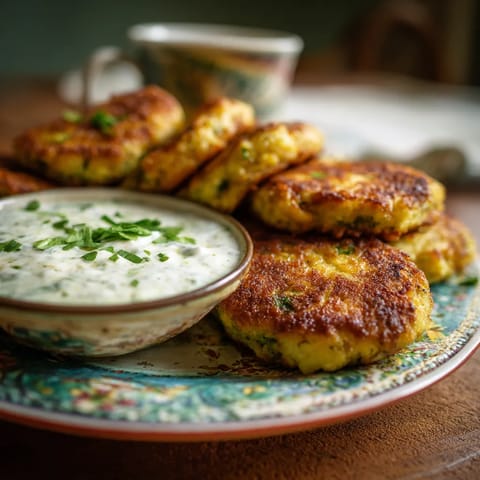 Ein Plate mit Spring Pea & Potato Patties, die in einer Schüssel mit Sauce gegeben werden.