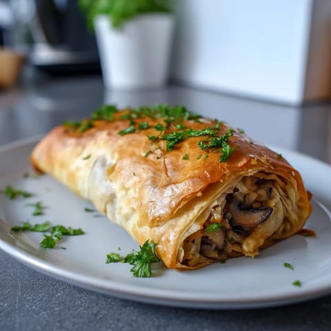 Ein Sauerkraut & Mushroom Strudel auf einem weißen Plate.