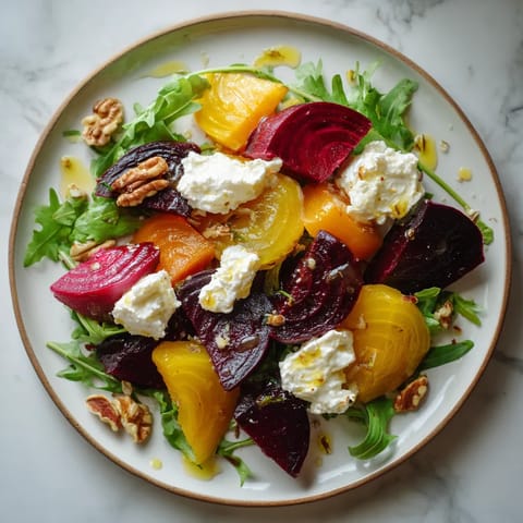 Ein Salat aus roasteten Beeten und Käse auf einem weißen Teller.