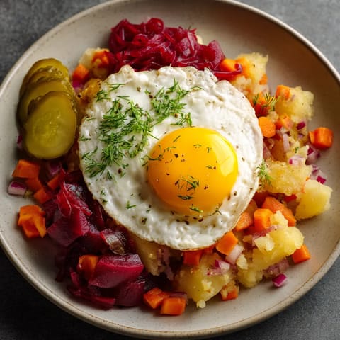 Ein Labskaus mit Ei, Zwiebel, Kartoffeln und Roten Beeren.