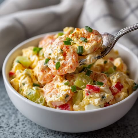 Ein weißer Teller mit einer Mischung aus gekochtem Hühnchen, Eiern und Garnelen.