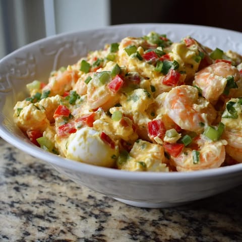 Ein weißer Becher mit einer Mischung aus gekochtem Shrimp und Eiern.