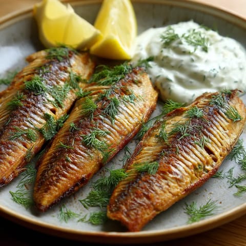 Ein Plate mit gegrilltem Mackerel, das mit einer Sauce aus Horseradish garniert ist.