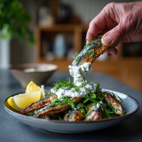 Ein Schälchen mit gerösteten Mackerel und einer Sauce aus Horseradisch.