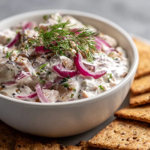 Ein weißer Becher mit Buttermilch Herring Dip und Rye Crackers.