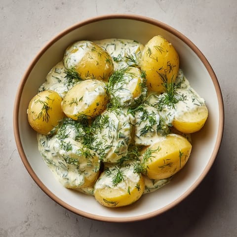 Ein Becher mit gekochten Paprika, die mit einer Cucumber-Dill Sauce garniert sind.