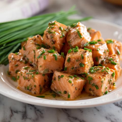 Ein weißer Teller mit Marinated Salmon Bites und Chives darauf.