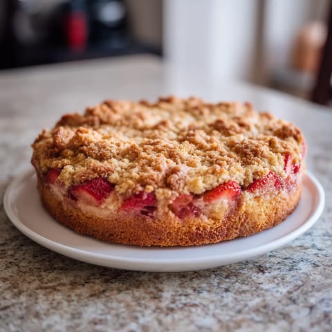 Ein Strawberry Rhubarb Streusel Cake auf einem weißen Plate.