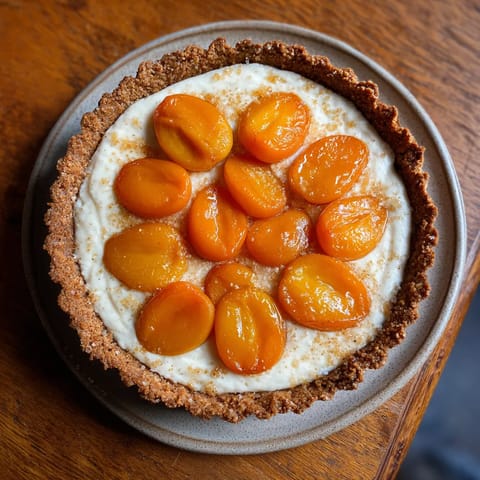 Ein Quarktart mit einer Almondkruste und Apricots.