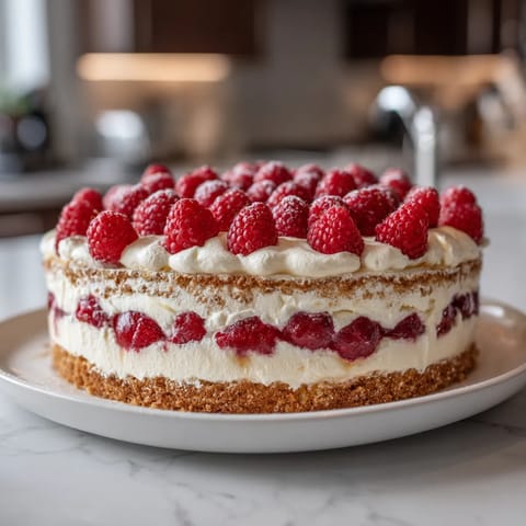 Eine Torte mit Raspberry-Creme auf einem Teller.