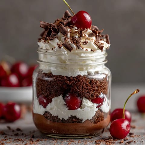 Ein Glas mit Black Forest Cake, der mit Schokolade, Sahne und Cherry garniert ist.
