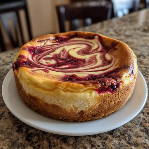 Ein deutsches Käsekuchen mit einer Beeren-Schlürze.